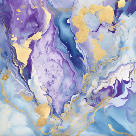 Blue, purple and gold marble texture. Watercolor hand drawn background.の素材