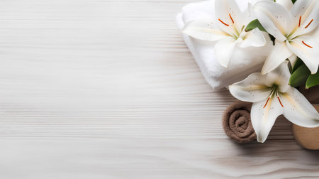 Spa still life with white lily and towels on wooden backgroundの素材