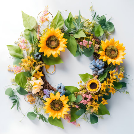 Floral wreath with sunflowers and blueberries on white backgroundの素材