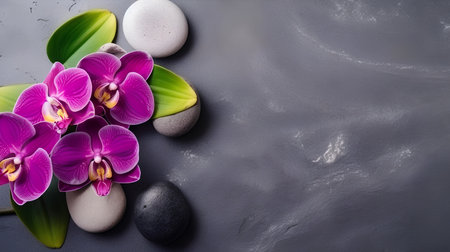 Spa still life with orchid flower and zen stones on dark backgroundの素材