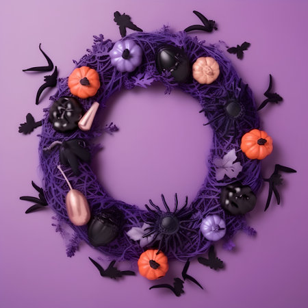 Halloween wreath with pumpkins, spiders and bats on purple backgroundの素材