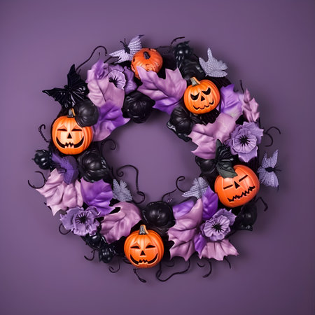 Halloween wreath with pumpkins, flowers and leaves on purple backgroundの素材