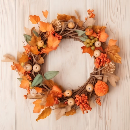 Autumn wreath with leaves and berries on a wooden background.の素材