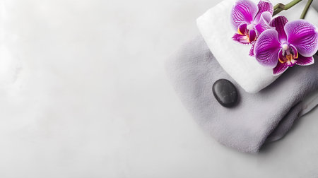 Spa and wellness setting with orchid flowers, zen stones and towel on white backgroundの素材