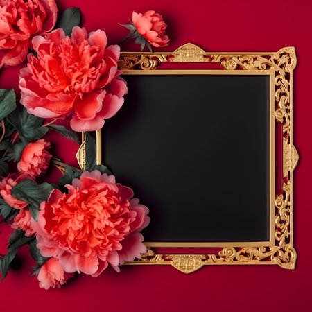 Frame with peony flowers on red background. Flat lay, top viewの素材