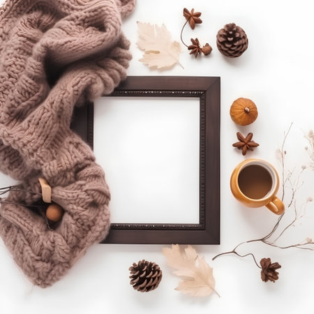 Cozy winter composition. Cup of coffee, knitted scarf and autumn leaves on white background. Flat lay, top viewの素材