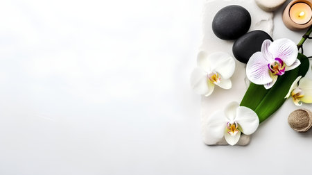 Spa stones with orchid flowers and candles on white background.の素材