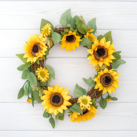 Wreath of sunflowers on white wooden background. Flat lay, top viewの素材
