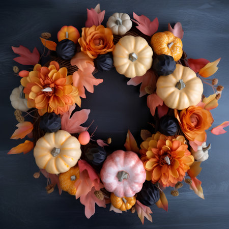 Autumn wreath with pumpkins, leaves and flowers on a dark backgroundの素材