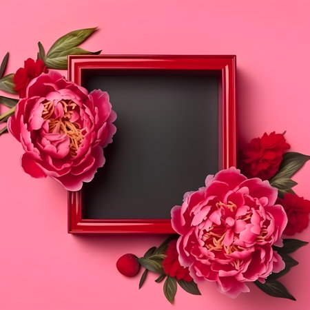Red frame with peony flowers on pink background. Flat lay, top viewの素材