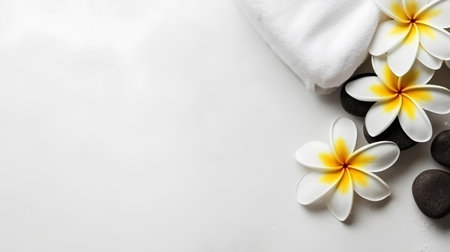 Spa stones with frangipani flowers and towel on white backgroundの素材
