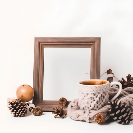 Cup of coffee with knitted scarf and wooden frame on white backgroundの素材