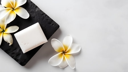 Soap and frangipani flowers on black stone on white backgroundの素材