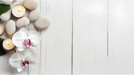 Spa stones, orchid flowers and candles on white wooden backgroundの素材