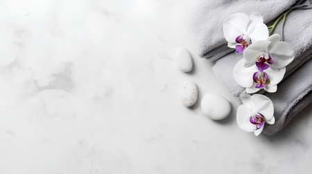 Spa still life with white orchid flowers, towels and stonesle backgroundの素材
