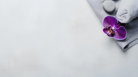 Spa still life with orchid flower, towels and zen stones on white backgroundの素材