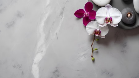Spa still life with orchids and candles on a marble backgroundの素材
