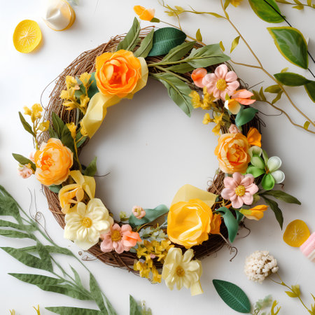 Flower wreath on white background. Flat lay, top viewの素材
