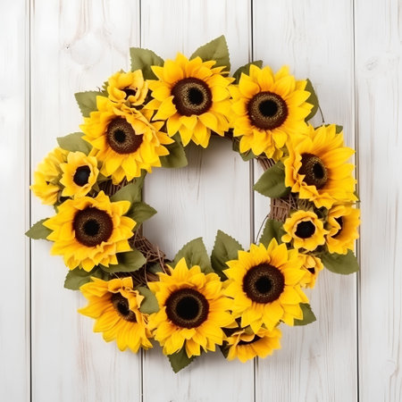 Wreath of yellow sunflowers on a white wooden background.の素材