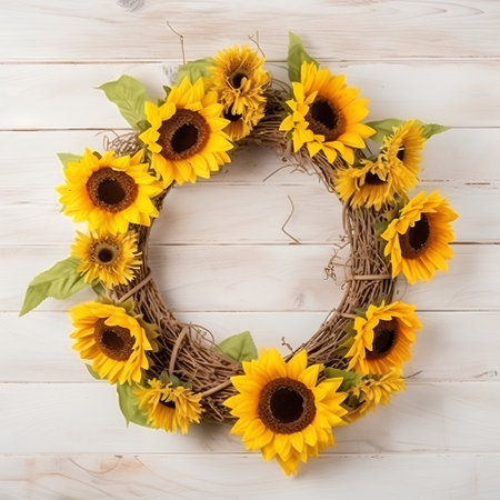 Beautiful sunflowers wreath on wooden background, top viewの素材