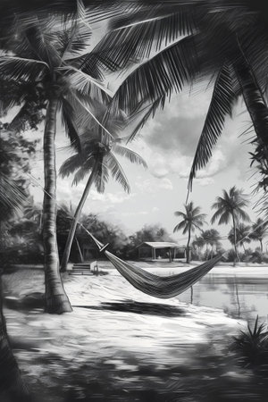 Hammock and palm trees on the beach. Black and white illustrationの素材