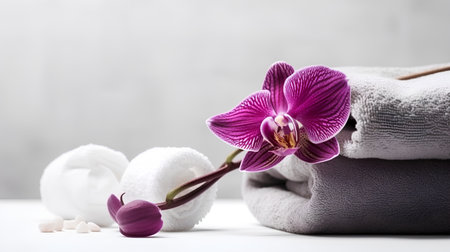 Spa still life with orchid flower and towels on white backgroundの素材