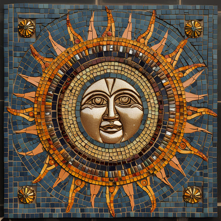 Sculpture of the face of the sun on a mosaicの素材