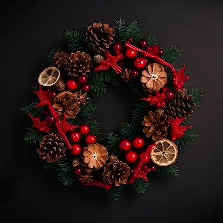 Christmas wreath with fir branches and decorations on black background. Top viewの素材