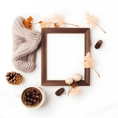 Winter composition. Cup of coffee, knitted scarf, autumn leaves on white background. Flat lay, top view, copy spaceの素材