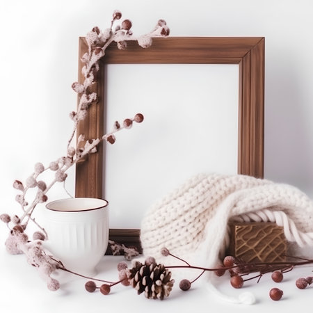 Cup of coffee, knitted scarf and cotton flowers on white backgroundの素材