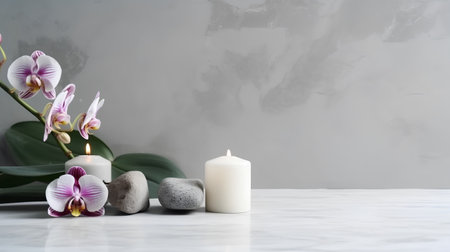 Spa still life with orchids and candles on white marble tableの素材