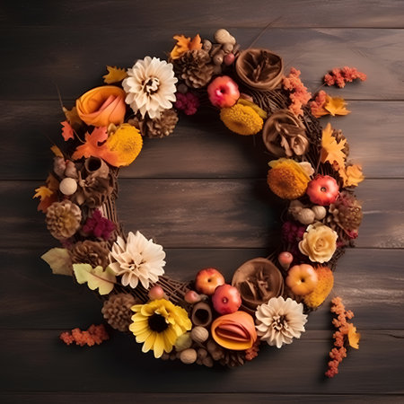Autumn wreath on wooden background, top view. Fall decoration.の素材