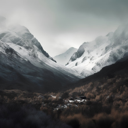 Mountain landscape with snow covered peaks and valleys under cloudy sky.の素材