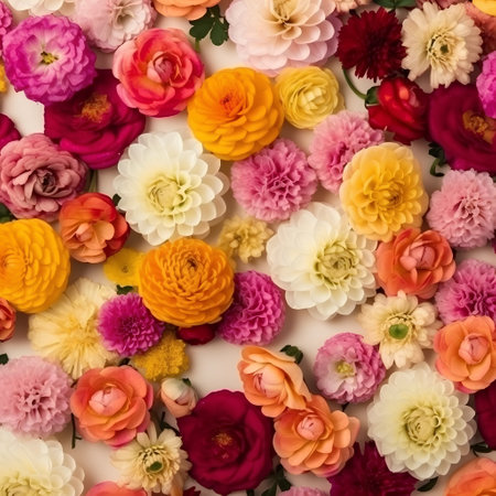 background of colorful dahlias and chrysanthemum flowersの素材