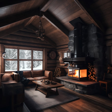 3d rendering of a log cabin with fireplace in the background.の素材