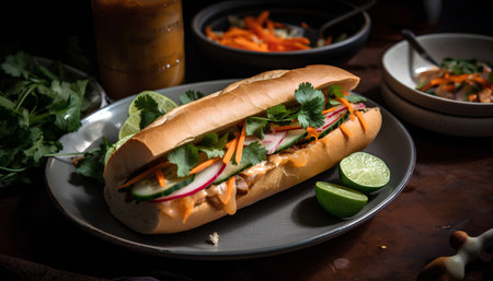 Tasty hot dog with fresh vegetables on a plate in a restaurantの素材