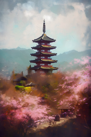 Beautiful pagoda with cherry blossom in the mountains. Digital painting.の素材