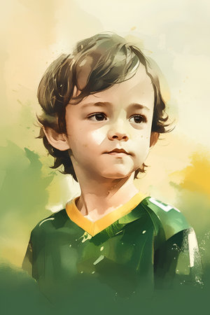 Portrait of a little boy in a green suit. Digital painting.の素材