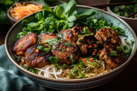 Vietnamese noodle soup with meatballs and vegetables in bowlの素材
