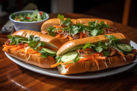 Hot dogs with lettuce, cucumber, carrot, onion and parsleyの素材