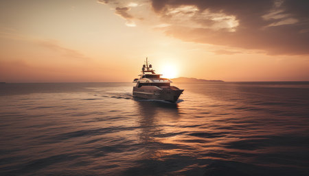 Beautiful sunset over the sea with a yacht in the foreground.の素材