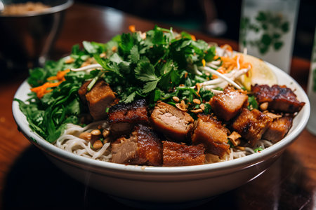Chinese noodle with beef and vegetables in a bowl on the tableの素材