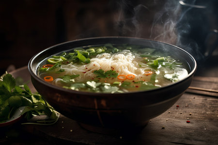 Vietnamese soup with noodles and vegetables on a wooden table.の素材