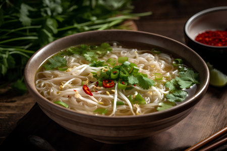 Vietnamese chicken noodle soup with coriander and chiliの素材