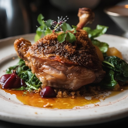 roasted duck leg with rice and arugula in a restaurantの素材