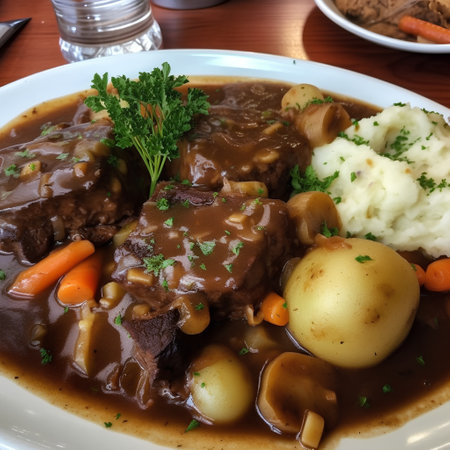 Beef Bourguignon with potatoes and carrots on a plateの素材