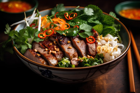 Bowl of rice noodle with roasted duck on dark wooden backgroundの素材