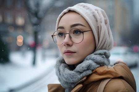 Portrait of a beautiful girl with glasses on the background of winter cityの素材