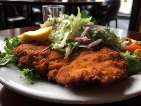 Wiener schnitzel with salad and lemon on a plateの素材