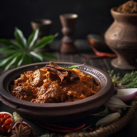Traditional Indian curry with spices and herbs in clay pot on dark backgroundの素材